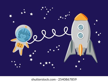 Astronauta de Hedgehog com foguete no espaço exterior entre estrelas - fundo de conto de fadas, ilustração vetorial horizontal de cor para o projeto de papéis de parede para crianças ou sala de jogos, banners, livros, cartões postais