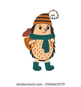 Hedgehog in Autumn Clothes Carries Backpack with Fungus. Cute Forest Animal in Fall Outfit hat scarf boots with mushrooms. Isolated vector illustration