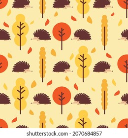 Hedgehog in autumn forest pattern seamless. Autumn background. vector texture. Baby fabric ornament