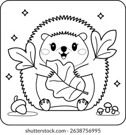 Hedgehog with Autumn Leaves Coloring Page