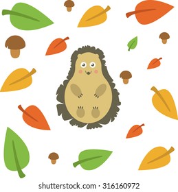 The hedgehog, autumn leaves and mushrooms