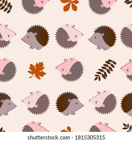 el hedgehog y las hojas de otoño se caracterizan por un patrón sin fisuras. Bueno para textiles, envolturas, papeles pintados, etc. 
hedgehog y hojas de otoño aisladas sobre fondo amarillo. Ilustración vectorial.
