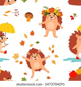 Hedgehog autumn seamless pattern. Cartoon hedgehogs walking with umbrella, funny in fall leaves. Animal fabric or wrapping print, classy vector design