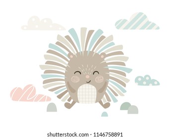 Hedgehog baby cute print. Sweet animal in forest. Urchin fashion child vector. Cool illustration for nursery t-shirt, kids apparel, invitation, simple scandinavian child design