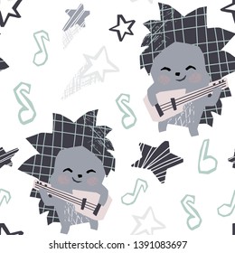 Hedgehog baby dance and play gitar seamless pattern. Sweet animal listen to music. Disco retro party cool animal illustration for nursery t-shirt, kids apparel, baby print, birthday party decor