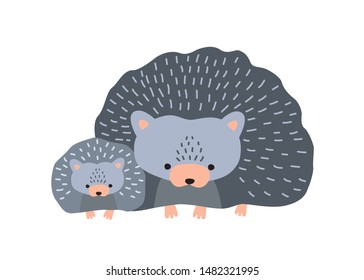 Hedgehog with baby isolated on white background. Cute family of funny wild nocturnal forest animals. Parent with youngling, mother and child or offspring. Flat cartoon colorful vector illustration.