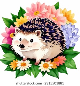 Hedgehog baby pet animal among garden flowers vector illustration.