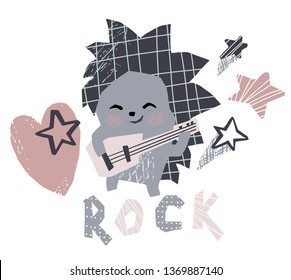 Hedgehog baby plays the guitar cute print. Sweet animal dance. Rosk musik party. Cool illustration for nursery poster, t-shirt, kids apparel, baby shower invitation. Simple child design