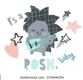 Hedgehog baby plays the guitar cute print. Sweet animal dance. Rosk musik party. Cool illustration for nursery poster, t-shirt, kids apparel, baby shower invitation. Simple child design