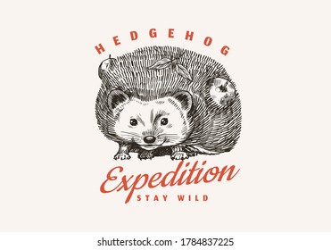 Hedgehog badge. Spiny forest wild animal label or logo. Vector Engraved hand drawn Vintage old sketch for stamp, t-shirt or typography.