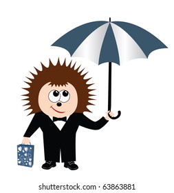 Hedgehog with a bag and under an umbrella.