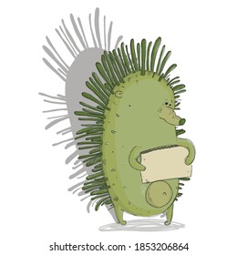 The Hedgehog with the banner, the Hedgehog with the poster, the Hedgehog on strike. Plastic pollution, environmental catastrophe, global warming vector concept characters with cartoon animal. 