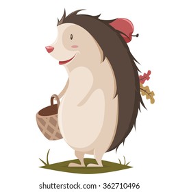 Hedgehog  with basket, apple and leaves. Cartoon vector illustration