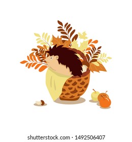 Hedgehog in a basket with colorful leaves. Vector illustration on white background. Nice autumn poster.