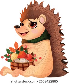 A hedgehog with a basket filled with mushrooms, berries, and leaves. Vector illustration of a hedgehog. Autumn illustration. Hello autumn. An isolated hedgehog