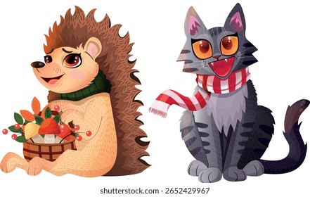 A hedgehog with a basket filled with mushrooms, berries, and leaves. A kitten with a scarf. A vector cat. A vector illustration of a hedgehog. An autumn illustration. Hello autumn. 