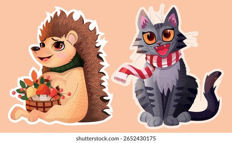 A hedgehog with a basket filled with mushrooms, berries, and leaves. A kitten with a scarf. A vector cat. A vector illustration of a hedgehog. An autumn illustration. Hello autumn. 