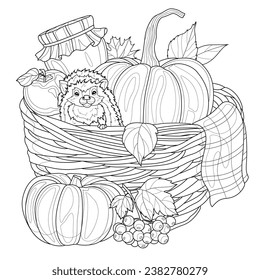 
Hedgehog in a basket with harvest.Coloring book antistress for children and adults. Illustration isolated on white background.Zen-tangle style. Hand draw