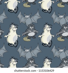 hedgehog, bat, beaver seamless pattern