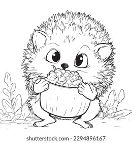 Hedgehog, Black and white coloring pages for kids, simple lines, cartoon style, happy, cute, funny, animal in the world