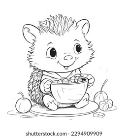 Hedgehog, Black and white coloring pages for kids, simple lines, cartoon style, happy, cute, funny, animal in the world