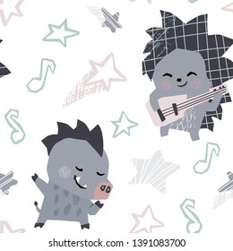 Hedgehog, boar baby dance and play gitar seamless pattern. Sweet animals listen to music. Disco retro party cool animal illustration for nursery t-shirt, kids apparel, baby print, birthday party decor