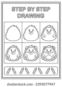 Hedgehog. Book page, drawing step by step. Black and white vector coloring page.