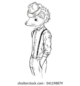 hedgehog boy hipster, fashion animal illustration