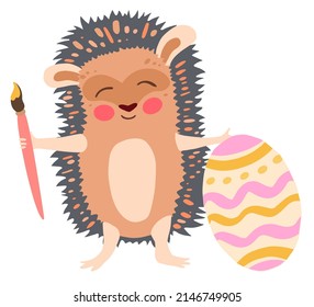 Hedgehog with a brush and a painted easter egg. Hand drawn vector illustration. Suitable for stickers, greeting cards, gift paper.