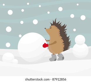 Hedgehog building a snowman