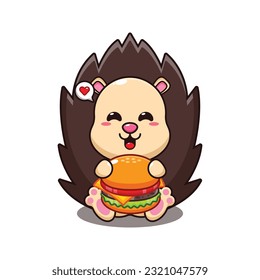 hedgehog with burger cartoon vector illustration.