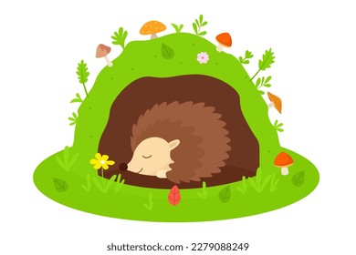 Hedgehog in the burrow. Vector cartoon flat illustration