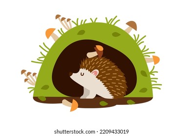 Hedgehog in the burrow. Vector illustration