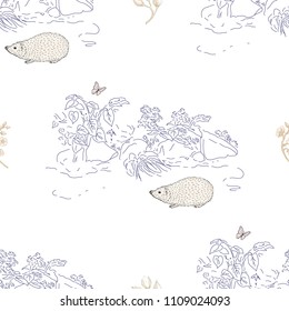 Hedgehog and Butterfly seamless pattern. Hand drawn illustration.