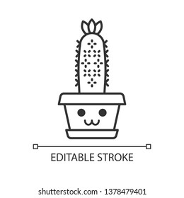 Hedgehog cactus cute kawaii linear character. Cactus with smiling face. Echinopsis with flower. Home cacti. Happy plant in pot. Thin line icon. Vector isolated outline illustration. Editable stroke
