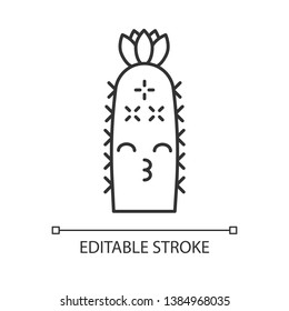 Hedgehog cactus cute kawaii linear character. Cactus with kissing face. Echinopsis with smiling eyes and flower. Wild cacti. Thin line icon. Vector isolated outline illustration. Editable stroke