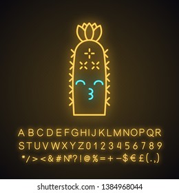 Hedgehog cactus cute kawaii neon light character. Cactus with kissing face. Echinopsis. Happy plant. Funny emoji, emoticon. Glowing icon with alphabet, numbers, symbols. Vector isolated illustration