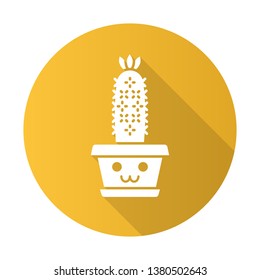 Hedgehog cactus flat design long shadow glyph icon. Cactus with smiling face. Echinopsis with flower. Home cacti. Happy plant in pot. Succulent houseplant. Vector silhouette illustration