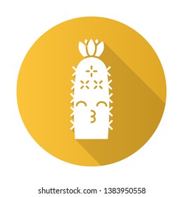 Hedgehog cactus flat design long shadow glyph icon. Cactus with kissing face. Echinopsis with smiling eyes and flower. Wild cacti. Happy plant. Succulent houseplant. Vector silhouette illustration