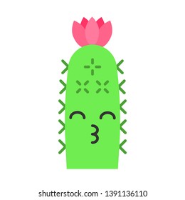 Hedgehog cactus flat design long shadow color icon. Cactus with kissing face. Echinopsis with smiling eyes and flower. Wild cacti. Happy plant. Succulent houseplant. Vector silhouette illustration