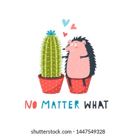 Hedgehog und Kakteen in Love Egal was für eine lustige Letterkarte. Valentine-Spaß-Grußkarte. Funny hedgehog Umarmung cacti Vektorillustration Illustration. Cute Cartoon Hedgehog Umarmung Kaktus in Topf.