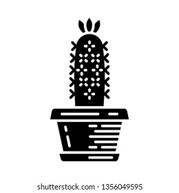 Hedgehog cactus in pot glyph icon. Echinopsis. Sea-urchin cactus in garden. South America native desert plant. Silhouette symbol. Negative space. Vector isolated illustration