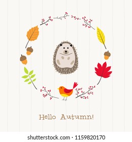 hedgehog card,cute autumn frame greeting card,hello autumn