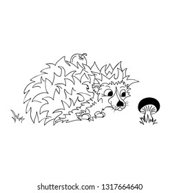 Hedgehog carries an apple on his back, white fungus grows nearby. Animal drawn in cartoon style. Vector illustration made in the style of freehand drawing. Black and white pet picture, positive, child