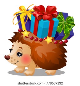 Hedgehog carries a box with Christmas gifts with colored ribbon bow isolated on white background. Sample of poster, party holiday invitation, festive card. Vector cartoon close-up illustration.