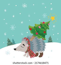 The hedgehog carries a Christmas tree. Winter landscape. Vector illustration.