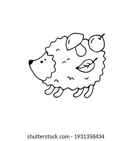 The hedgehog carries supplies for the winter on its prickly back: a mushroom, an apple, a leaf of a tree. Vector hand-drawn doodle illustration. Black and white outline. Silhouette. Coloring.