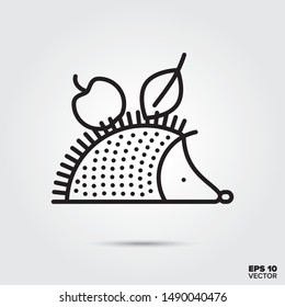 Hedgehog carrying apple and leaf in its spikes outline style vector. Fall season and nature symbol. Cute animal illustration.