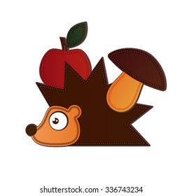 Hedgehog carrying apple and mushroom