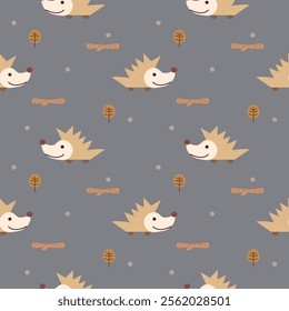 Hedgehog cartoon so cute. On tree stick gray background. Pattern seamless vector illustration. 